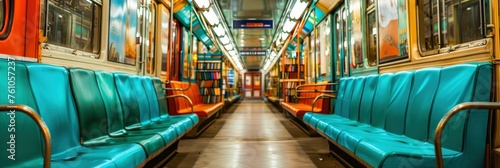 A colorful train with blue seats and orange accents, featuring art deco designs