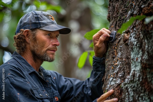 A conservationist carefully attaches a tracking device to a tree.