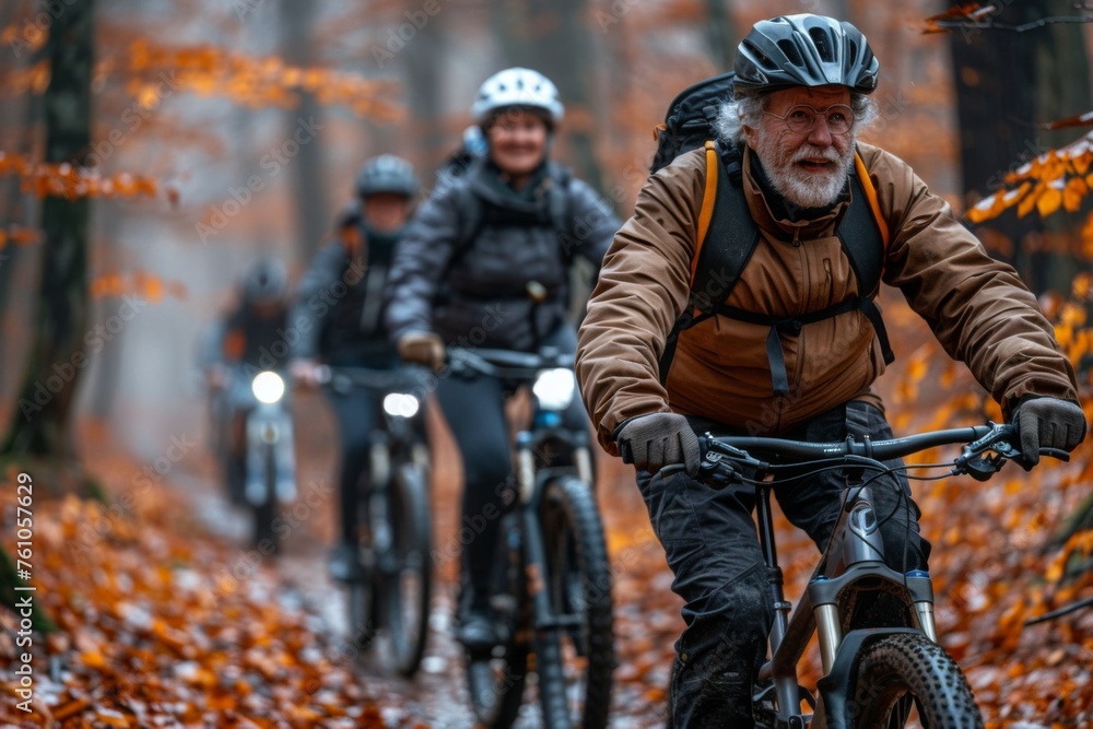 Senior cyclists enjoying a ride through autumn woods. Senior cyclists enjoying a ride through autumn woods.
