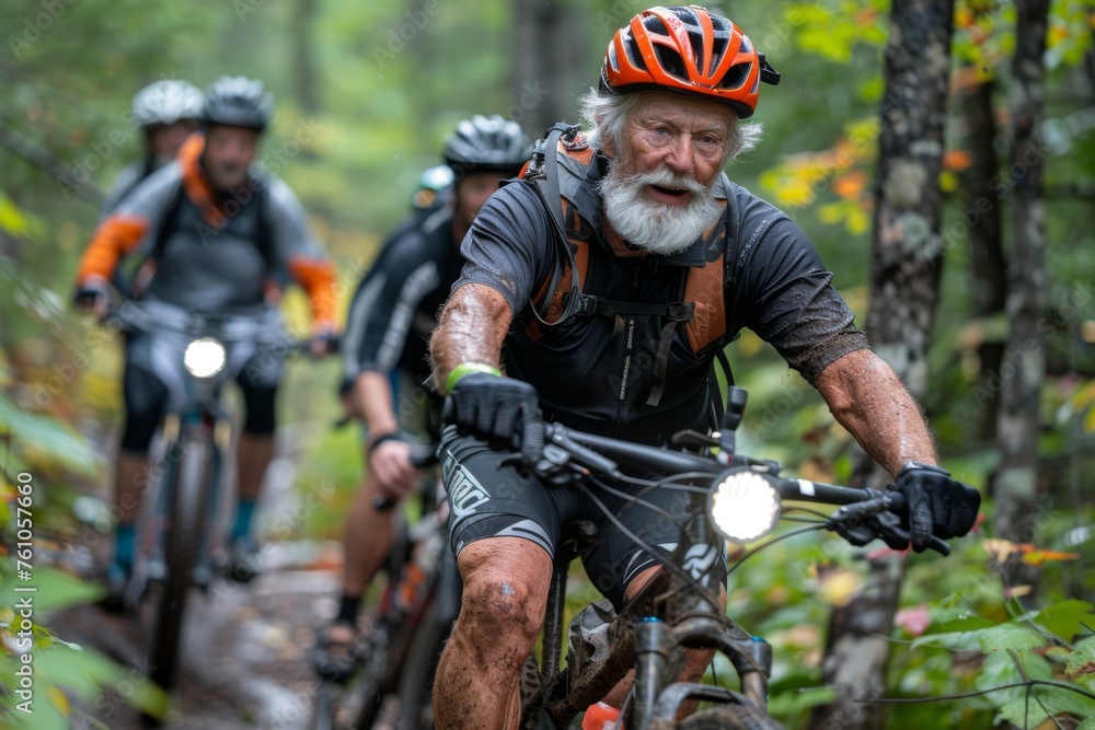 An elderly man mountain biking through the forest. An elderly man mountain biking through the forest.
