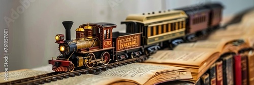A model train set made of books, with one book as the engine and several others forming tracks for an enchanting reading adventure