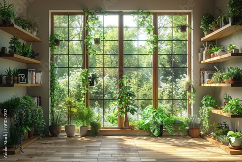 A sunlit room with large windows showcasing a lush indoor garden with a variety of houseplants.