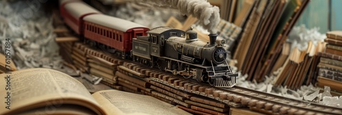 A model train set made of books, with one book as the engine and several others forming tracks for an enchanting reading adventure