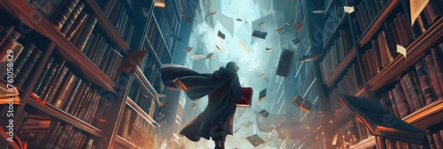 A book falling from the sky, surrounded by towering library shelves photo