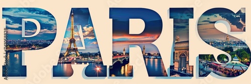 The word "PARIS" in large glowing letters, the background is Paris at night with buildings and bridges over water