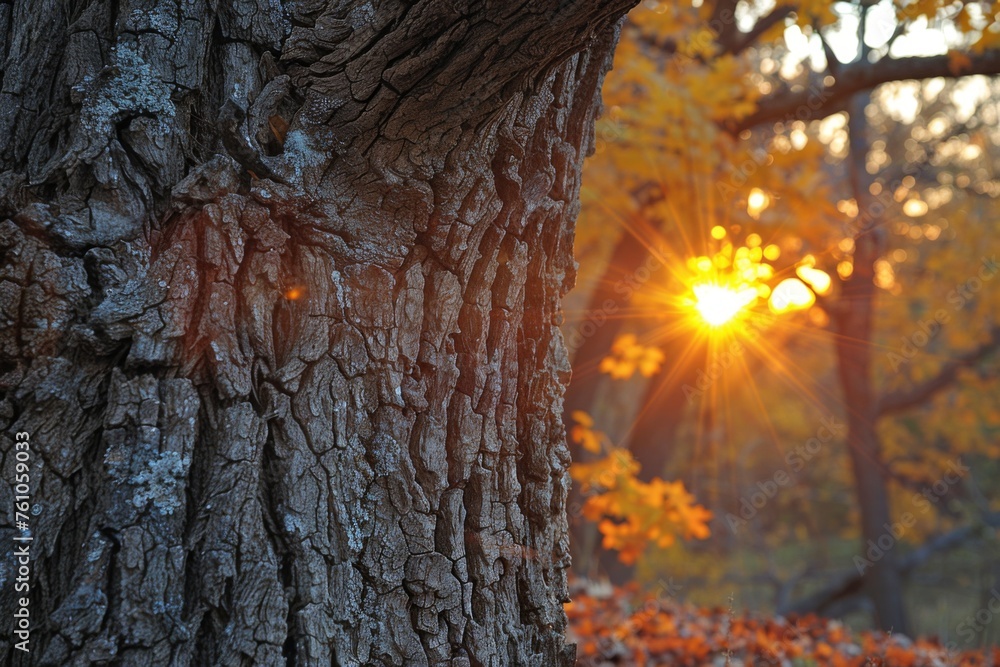 Obraz premium Sunset rays peeking through autumn trees, highlighting tree bark texture.