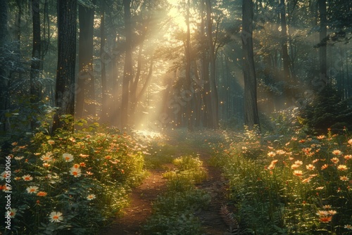Forest pathway lit by a golden sunrise with blooming flowers.