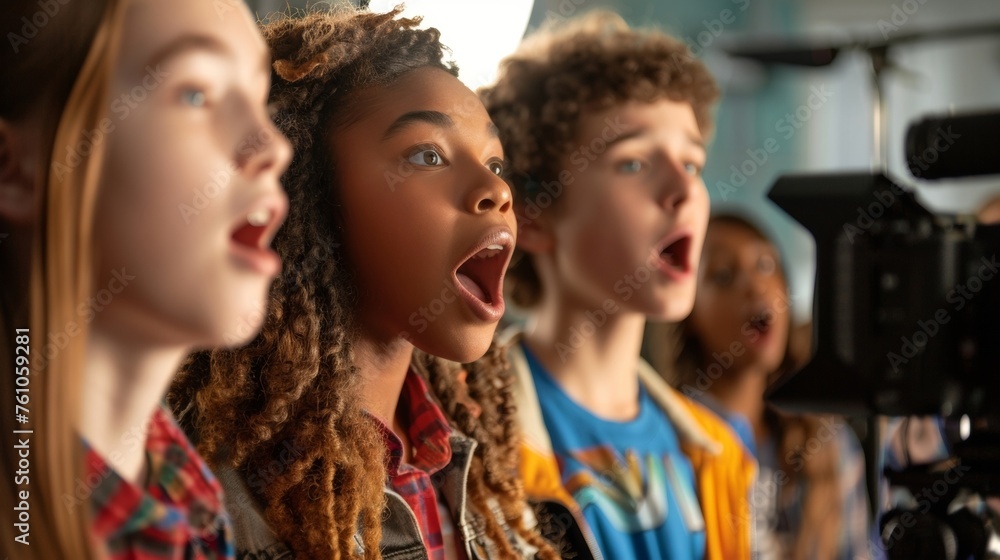 A student stands confidently behind a camera shouting Action as their classmates act out a scene they wrote and directed.