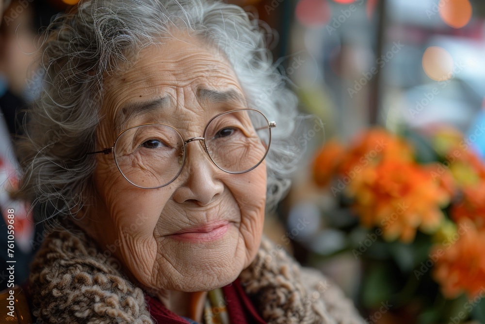 An elderly woman with a beaming smile surrounded by flowers, displaying warmth and zest for life. An elderly woman with a beaming smile surrounded by flowers, displaying warmth and zest for life.