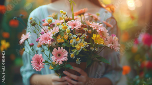 A woman with gentle hands holds a vibrant bouquet of flowers, each bloom reflecting the ethereal beauty of nature,Mother and daughter, Mother`s Day concept