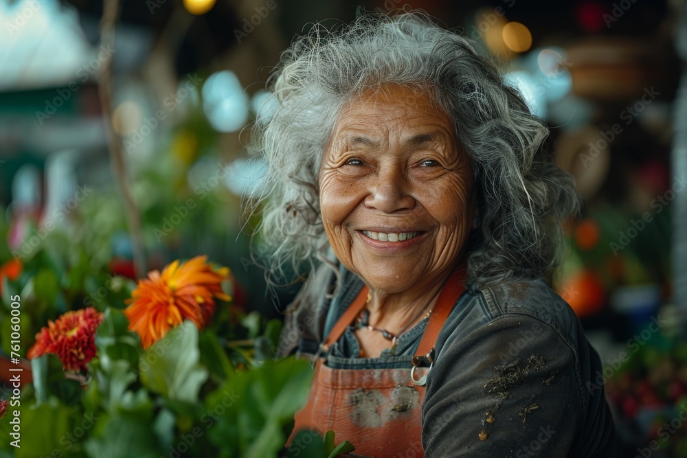 Radiant elderly woman with silver hair smiling among colorful flowers at a market. Radiant elderly woman with silver hair smiling among colorful flowers at a market.