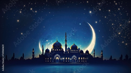 silhouette of a large and majestic mosque at night, the sky is full of stars and there is a crescent moon behind it. Generative AI