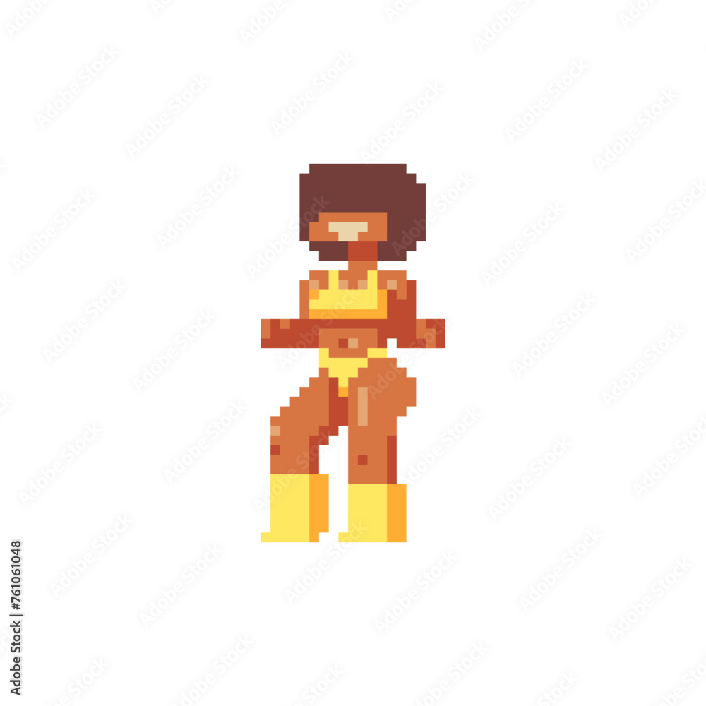 African American athlete. Dancing girl. Pixel art. 80's style. Aerobics sport. Sticker design. Isolated vector illustration. African American athlete. Dancing girl. Pixel art. 80's style. Aerobics sport. Sticker design. Isolated vector illustration.