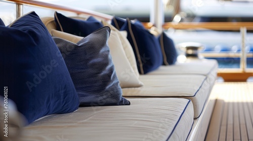 Plush velvet cushions in shades of navy and cream adorn the comfortable seating area on the yachts deck. The shiny finish of the polished teakwood flooring catches the light