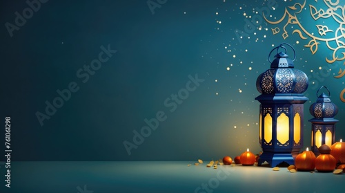 a beautiful lantern with light inside. there are ornaments around it, with copy space. Generative AI