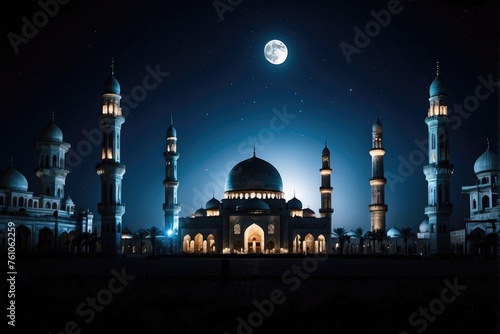 Beautiful architectural landscape of the mosque at night. dark atmosphere with starry sky and moon. Generative AI