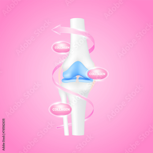 Knee joint bone and pink collagen arrow surrounding. Calcium minerals to protect cartilage ligament arthritis. For advertising medical supplements. 3D realistic vector EPS10.
