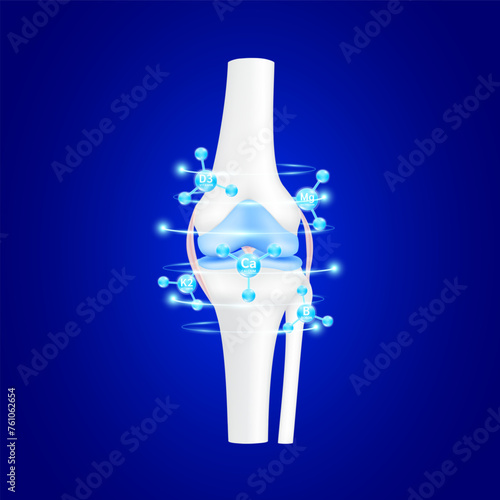 Knee joint and blue molecules vitamins collagen minerals magnesium boron calcium surrounding radius to protect bone cartilage arthritis. For advertising medical supplements. Vector EPS10.