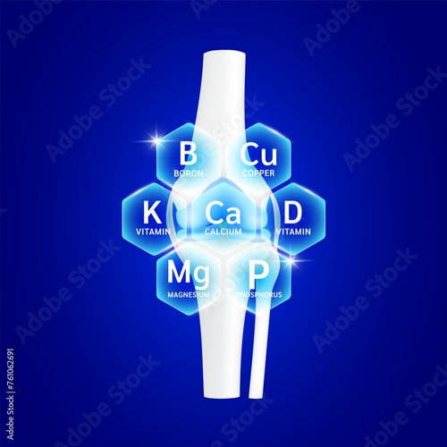 Knee joint and vitamins collagen minerals magnesium boron calcium to protect bone cartilage arthritis. For advertising medical supplements. Vector EPS10.