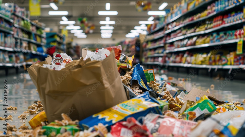 A pile of discarded packaging from doorbuster deals and limitedtime offers litter the store floor.