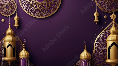 Background template with Islamic nuances, gold pattern with purple nuances with copy space in the middle. Generative AI