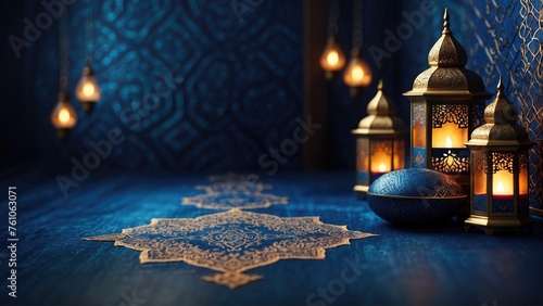 Background template in blue shades with an Islamic theme, with a beautiful lantern beside it. blurred background. Generative AI