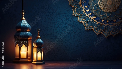 Copper lantern with a burning candle inside. located on a wooden floor, wall background with abstract patterns and copy space. Generative AI