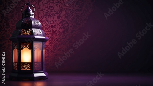 A lantern with light inside. Ample copy space, suitable for Eid Mubarak or Ramadan Kareem greeting cards or something like that. Generative AI. purple shades