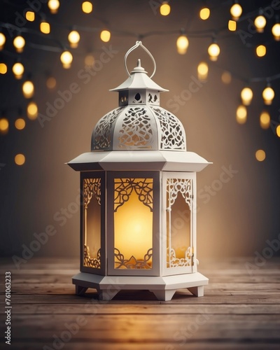 a lantern with a light burning in it, on the wooden floor. Blurred background of beautiful lamp lights. Generative AI