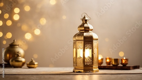 A golden lantern with light inside, on a wooden floor. blurred background for copy space, there are ornaments around it. Generative AI