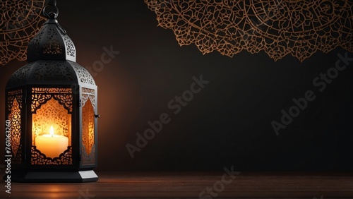 A lantern with a burning candle in it. on a wooden floor. with ample copy space, suitable for Eid Mubarak or Ramadan Kareem greeting cards or something like that. Generative AI