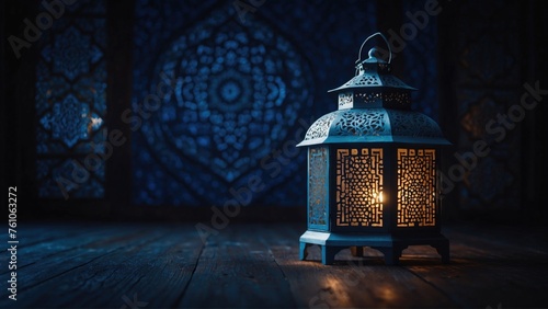 A lantern with light burning inside. on a wooden floor. dark shades. with a large blurred background, copy space, suitable for holiday greeting cards or something like that. Generative AI