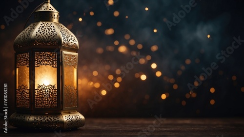 A lantern with light burning inside. on a wooden floor. dark shades. with a large blurred background, copy space, suitable for holiday greeting cards or something like that. Generative AI