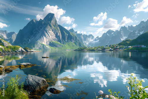A breathtaking view of the Lofoten islands in Norway  showcasing dramatic mountains  serene ocean  and picturesque fjords. Perfect for travel and nature-related content.