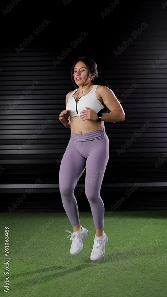 Sports trainer doing high knee jumps in a gym Sports trainer doing high knee jumps in a gym