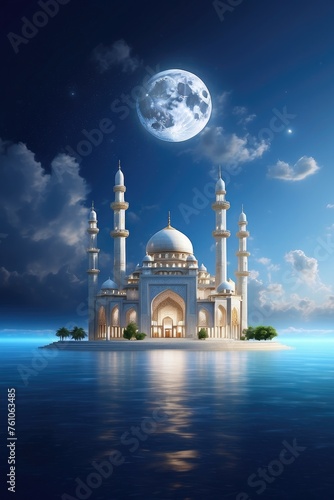 A magnificent white mosque in the middle of a calm sea, there is full moon visible at night with a cloudy sky, Generative AI