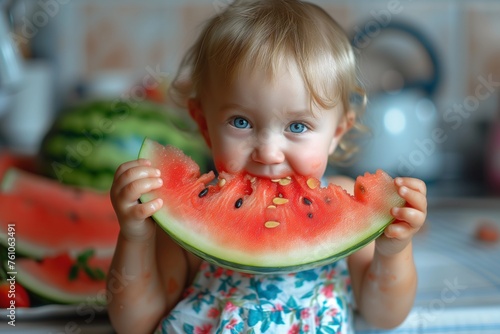 A little girl eats a watermelon photo