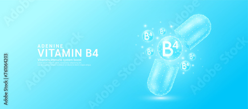 Vitamin B4 or Adenine drug capsule open with blue bubble ball float out in style polygon. Collagen and minerals antibiotic supplement essential health care. Medical and pharmacy concept. Vector.