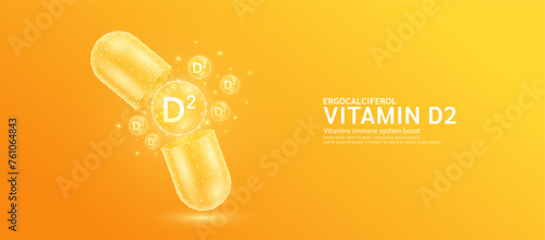 Vitamin D2 pill drug capsule open with orange bubble ball float out in style polygon. Collagen and minerals antibiotic supplement essential health care. Medical and pharmacy concept. Banner vector.