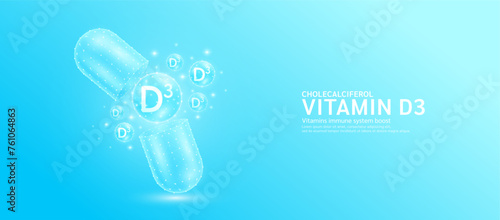 Vitamin D3 pill drug capsule open with blue bubble ball float out in style polygon. Collagen and minerals antibiotic supplement essential health care. Medical and pharmacy concept. Banner vector.