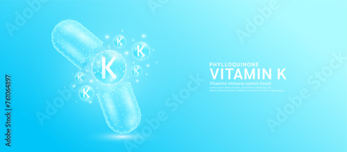 Vitamin K pill drug capsule open with blue bubble ball float out in style polygon. Collagen and minerals antibiotic supplement essential health care. Medical and pharmacy concept. Banner vector.