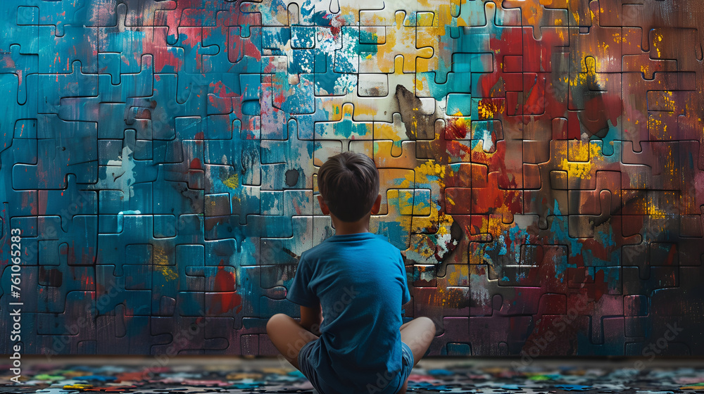 World autism awareness day. Little boy sitting before the wall made from jigsaw puzzle pieces. generative ai  - obrazy, fototapety, plakaty 