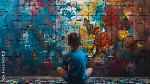 World autism awareness day. Little boy sitting before the wall made from jigsaw puzzle pieces. generative ai 