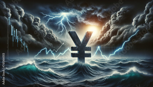 Dramatic image showcasing the Yen symbol in a tumultuous sea, under dark clouds with a downward-pointing financial graph. AI Generated. photo