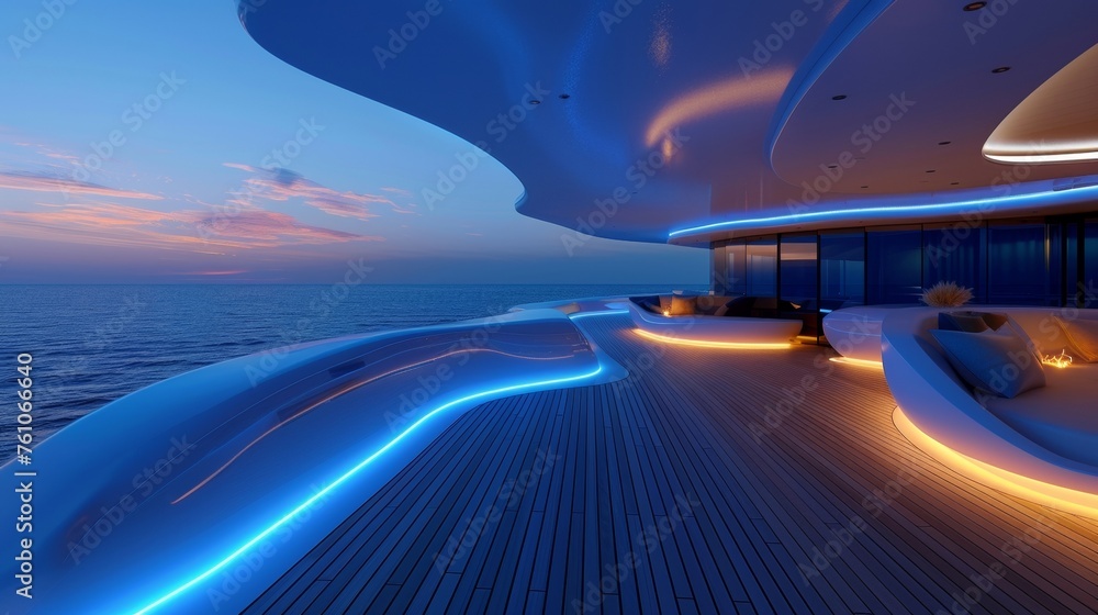 As the yacht glides through the calm waters of the ocean the outdoor lounge is lit up with mesmerizing customizable mood lighting that changes with the rhythm of the waves.
