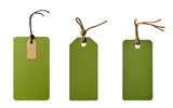 Green Craft paper tag with twine on white background, product shot, close shot,	
