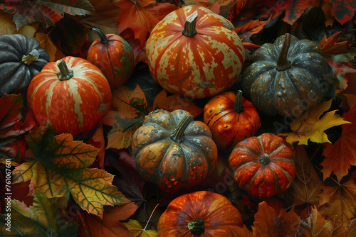 Festive Pumpkins in an Autumn Fall Forest During Thanksgiving or Halloween