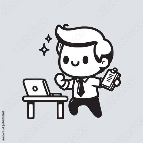 cartoon office worker man full of motivation spirit working black and white vector illustration