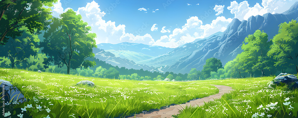 A beautiful natural landscape in anime style illustration featuring mountains, trees, and colorful flowers with a peaceful and tranquil atmosphere. - obrazy, fototapety, plakaty 