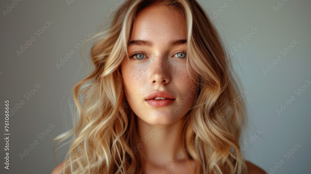 A blonde woman with clear skin looks directly at the camera A blonde woman with clear skin looks directly at the camera